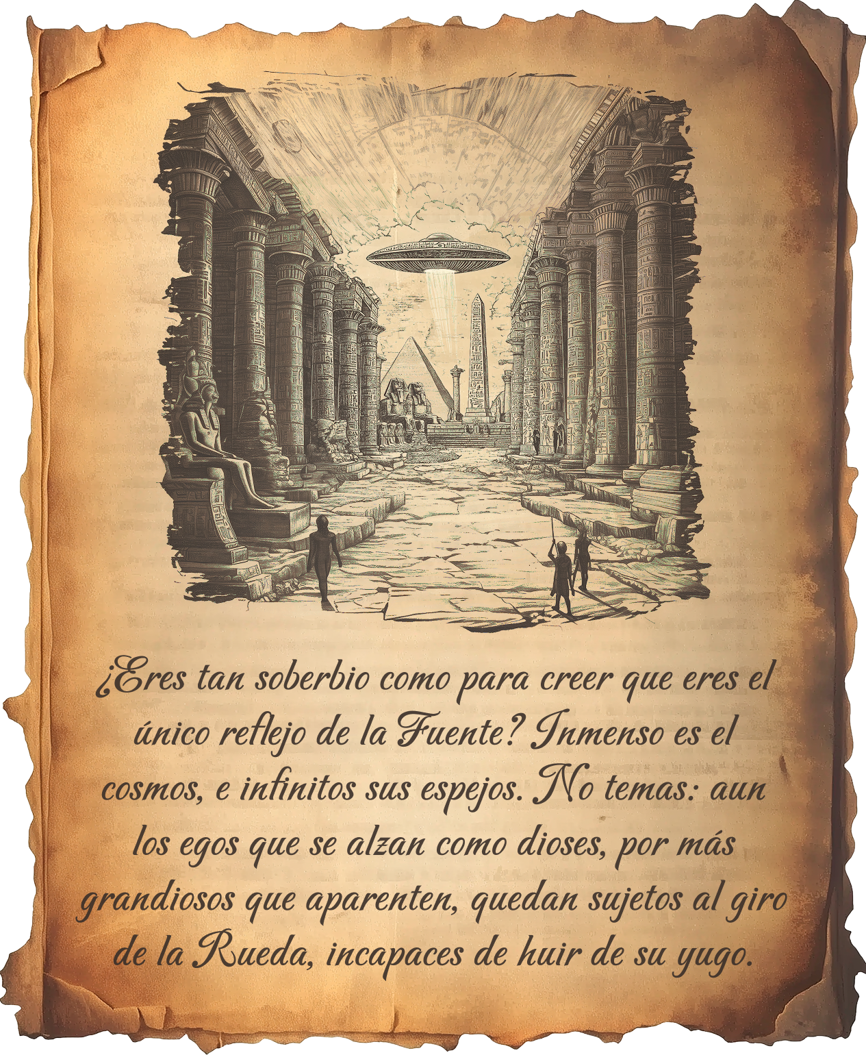 Página ilustrada: una nave espacial sobre ruinas egipcias