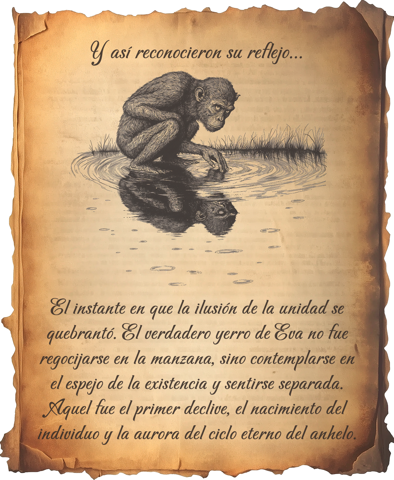Página ilustrada: un simio reconociendo su reflejo en el agua