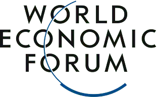 World Economic Forum logo with text overlayed by a dark green and blue circular arc on a green background.