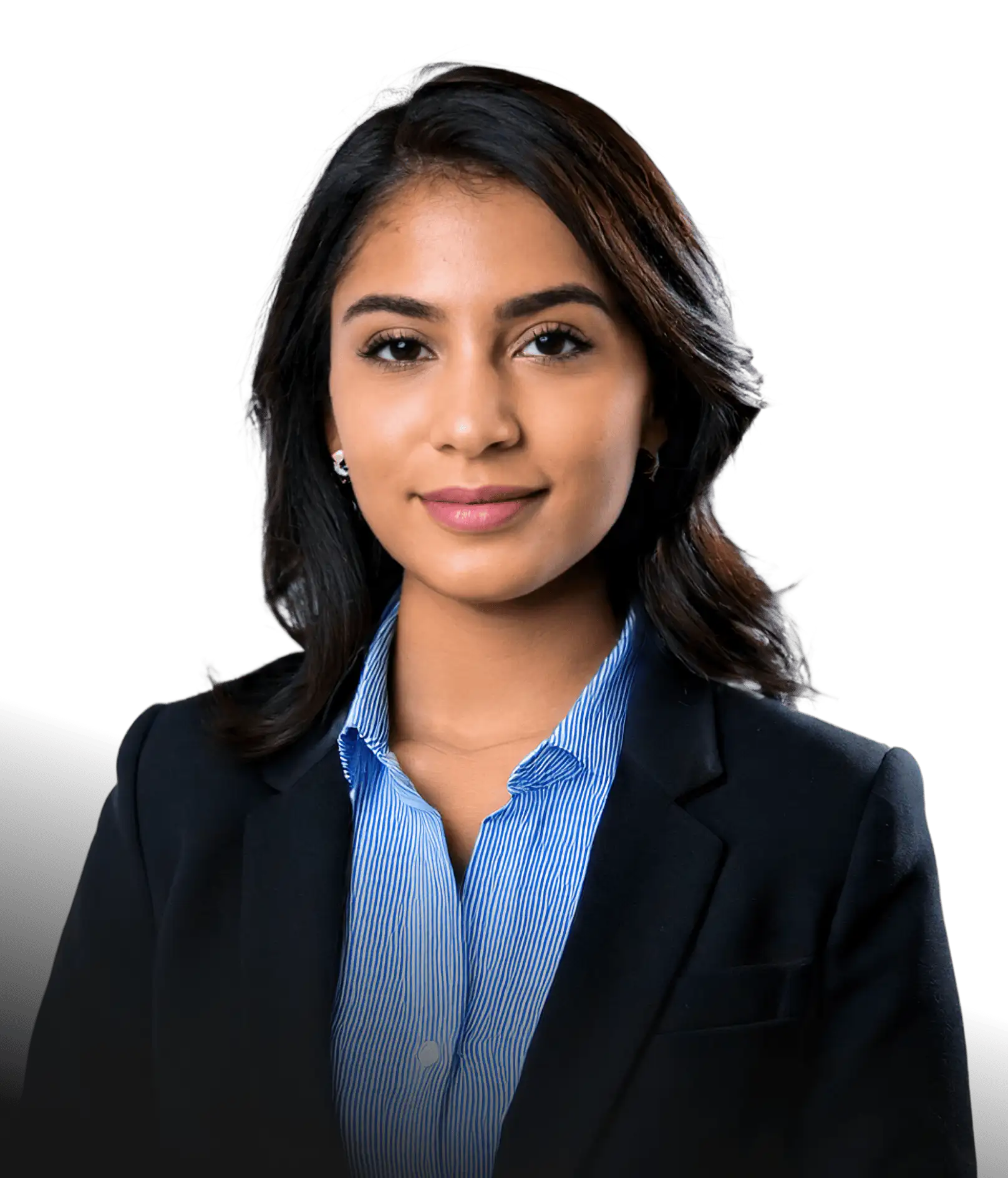 Professional young woman with dark hair wearing a black blazer and blue striped shirt, smiling slightly.