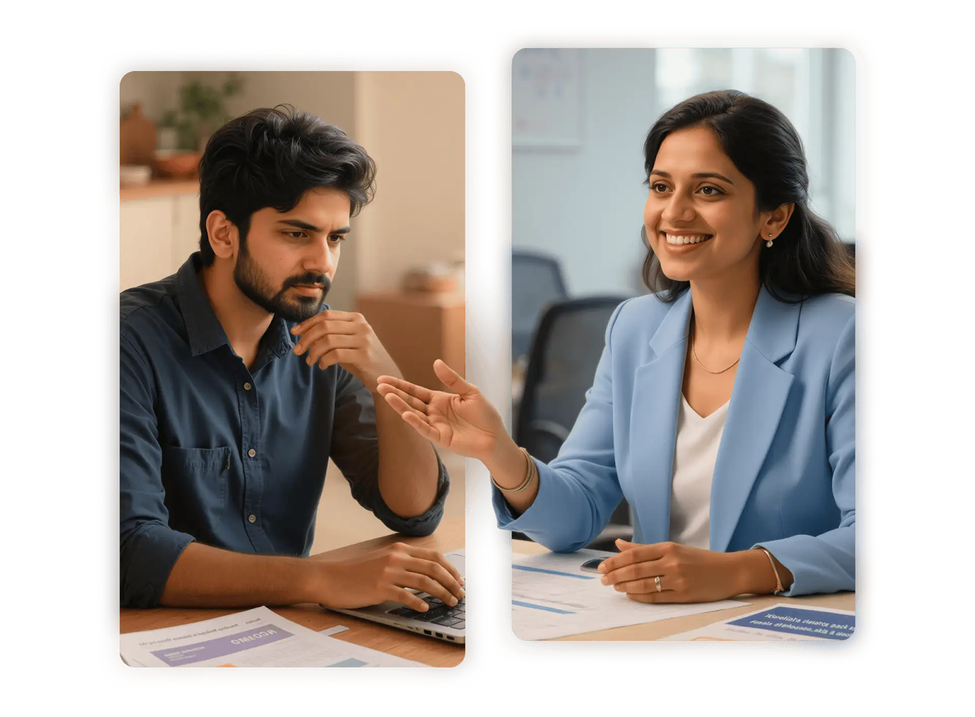 Smiling woman in a blue blazer gestures while talking to a focused man using a laptop at a desk with papers.