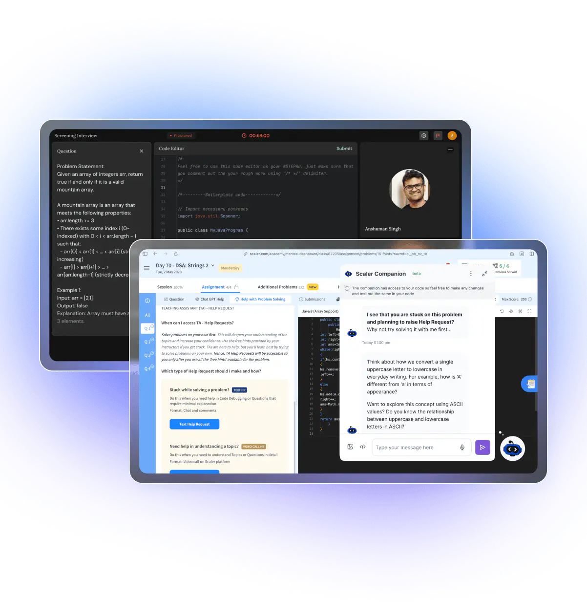 Two overlapping screens showing an online coding interview and a coding help chat assistant providing guidance on a programming problem.