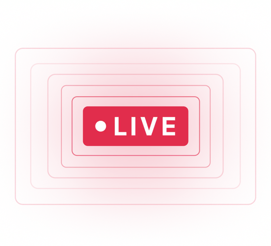 Red rectangular button with white text and dot reading 'LIVE'.