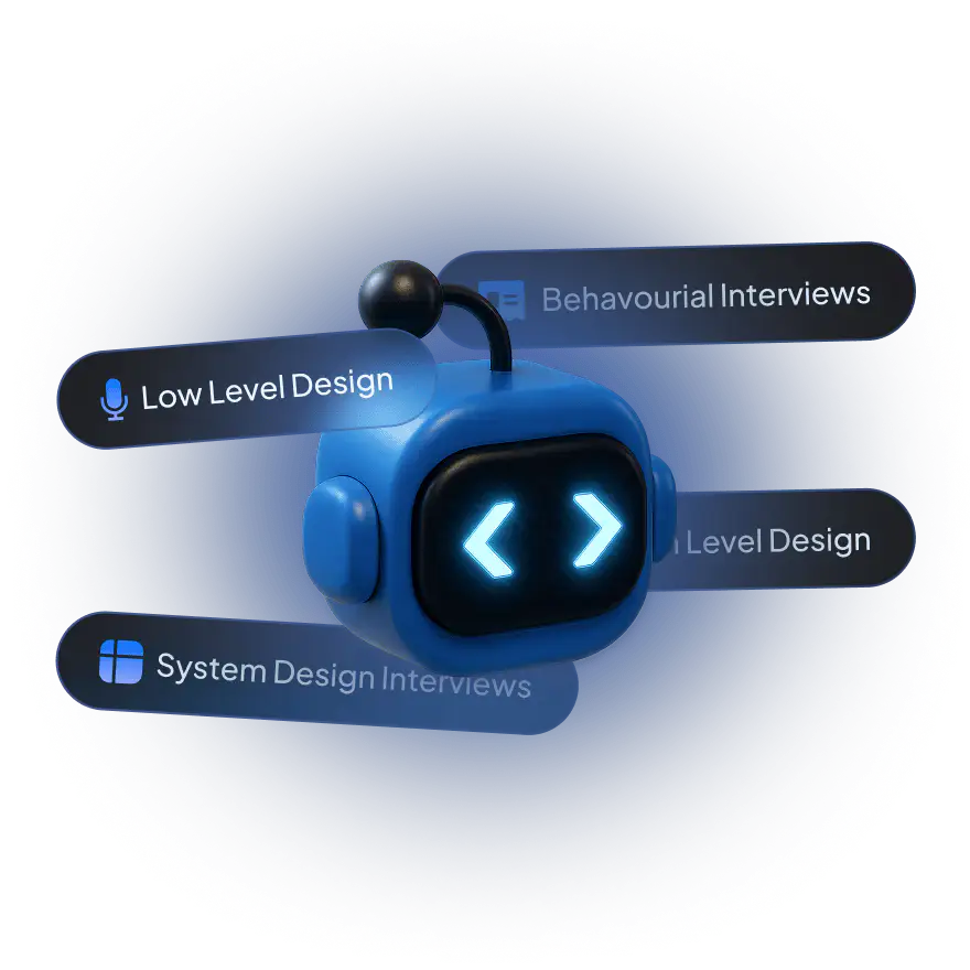 Blue robot head with glowing arrows on its screen surrounded by floating labels: Low Level Design, Behavioural Interviews, System Design Interviews.