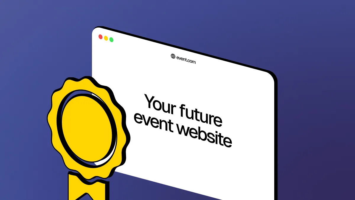 Illustration of a web browser window with text 'Your future event website' and a large yellow award ribbon beside it on a blue background.
