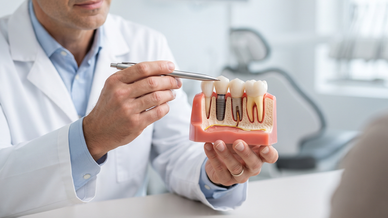 Dental implant demonstration showing a titanium tooth implant, abutment, and custom crown for permanent tooth replacement, missing teeth treatment, restorative dentistry, dental implant procedures, implant-supported restorations, and improved oral health.