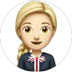 Emoji-style avatar of a woman with blonde hair in a braid, wearing a dark top with a white and red-striped collar.