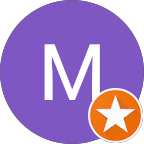 Purple circle with a white letter M and an orange star badge overlapping the bottom right.