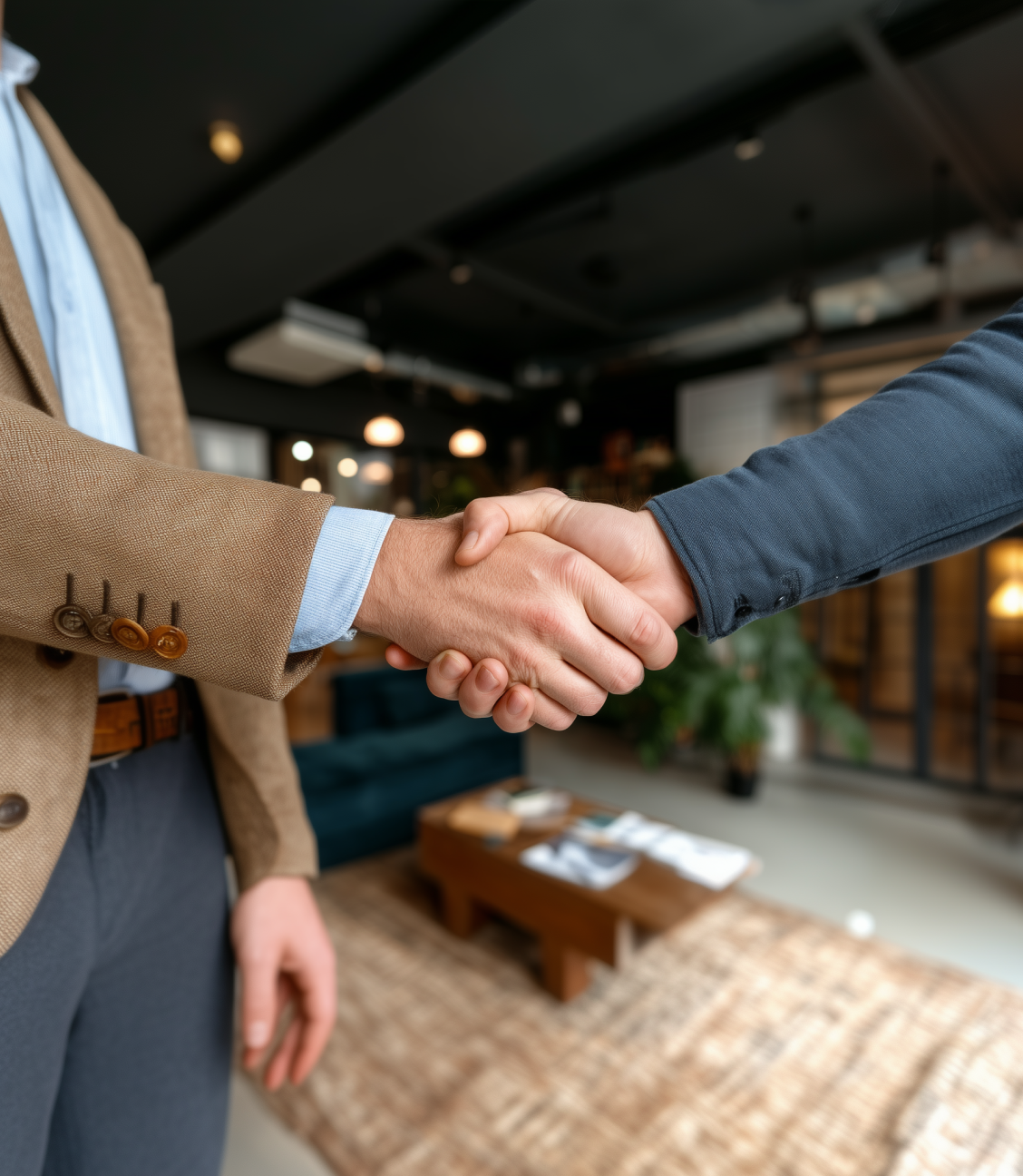 Two people shaking hands in a modern office setting.