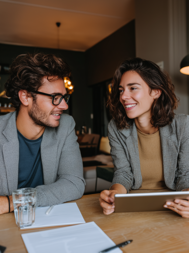 Man and woman sitting at a table, smiling and engaging in conversation, the woman holding a tablet.