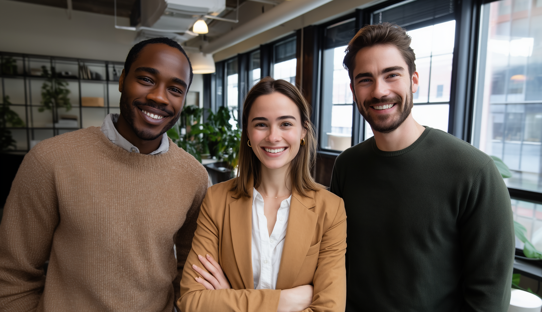 Three smiling young professionals standing together in an office with large windows behind them.