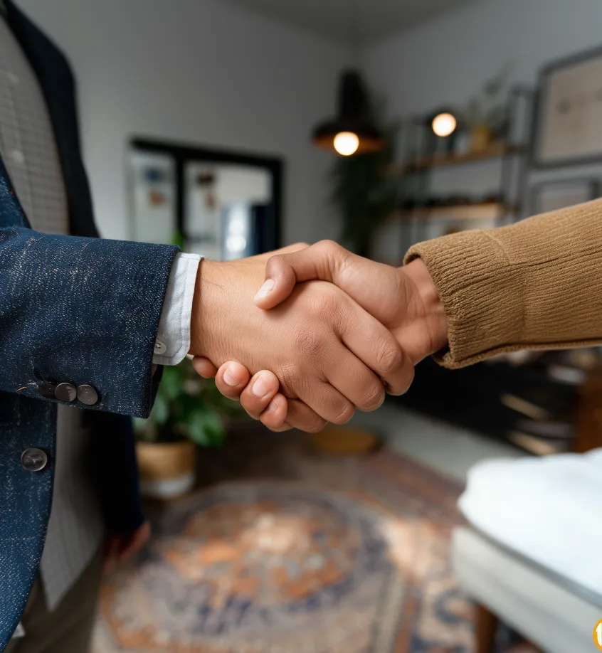 Two people shaking hands indoors with a blurred living room background.