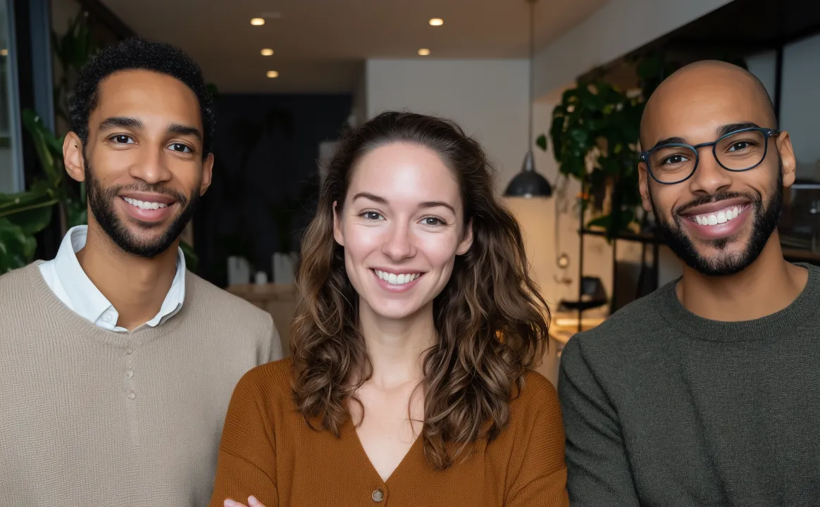 Three smiling young adults standing indoors, two men and one woman in the center.