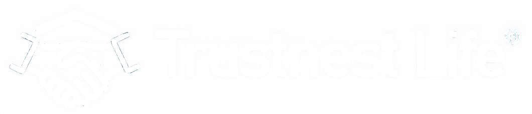 Trustnest Life logo with two hands shaking inside a house outline.