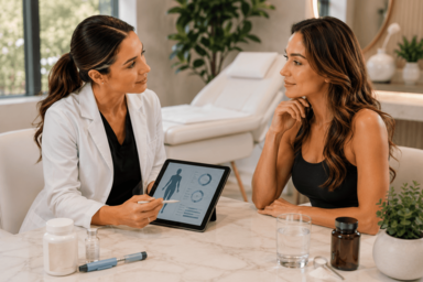 Consultation discussing Ozempic face and safe GLP-1 weight loss strategies in Newport Beach, California