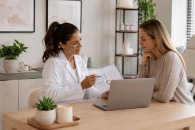 Healthcare provider reviewing lab results with a patient during a personalized wellness consultation, highlighting the importance of expert medical guidance over convenience alone.