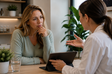 Healthcare provider discussing age-related weight loss challenges and GLP-1 treatment options with a patient in Newport Beach, California.