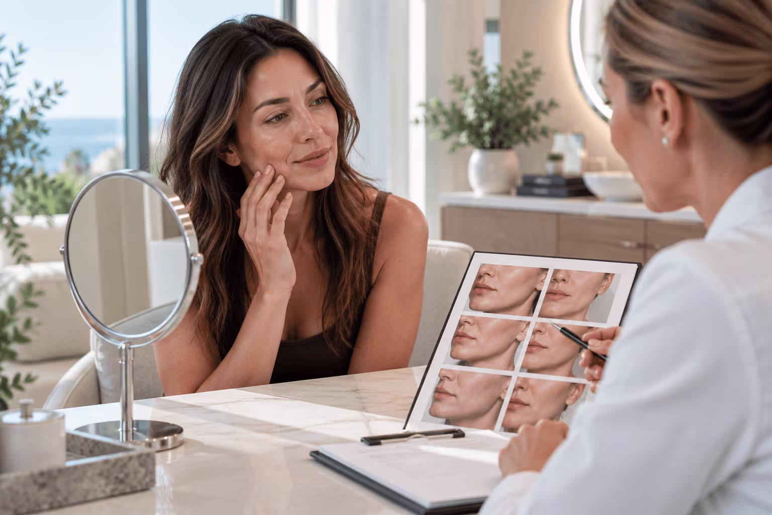 Provider consulting with a client about a personalized dermal filler treatment plan in Newport Beach, California