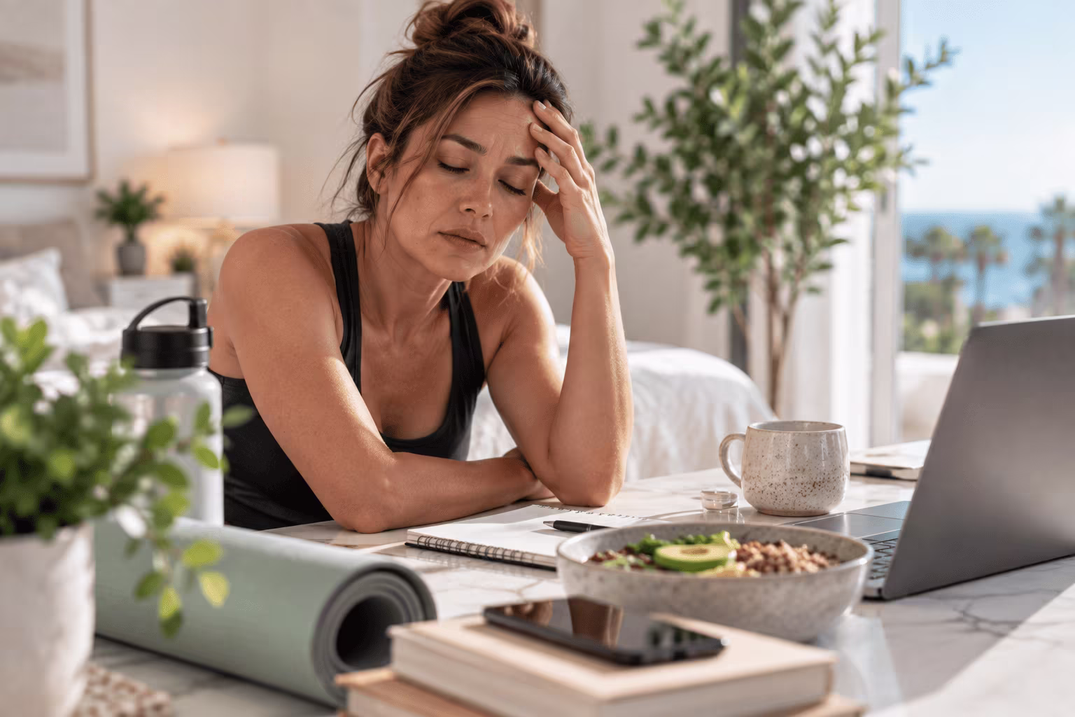 Tired professional in Newport Beach, California considering a body wellness evaluation for chronic fatigue