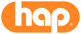 hap brand logo with white lowercase letters inside an orange rounded rectangle.