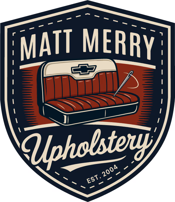 Badge logo featuring a red and white car bench seat with a needle and thread, text reads 'Matt Merry Upholstery EST. 2004'.