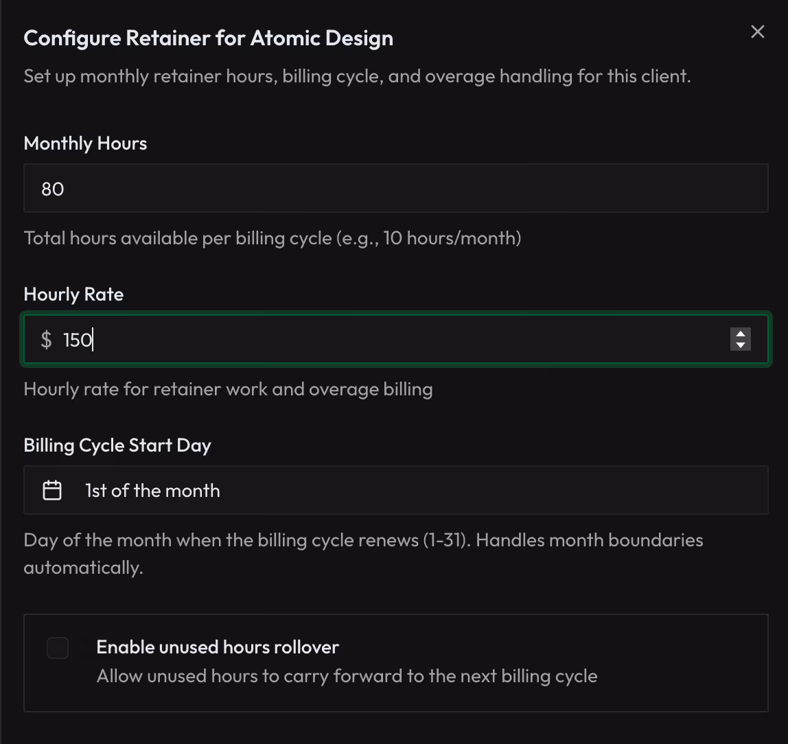 Settings panel to configure a client's retainer with fields for monthly hours set to 80, hourly rate set to $150, billing cycle start day on the 1st of the month, and an option to enable unused hours rollover.
