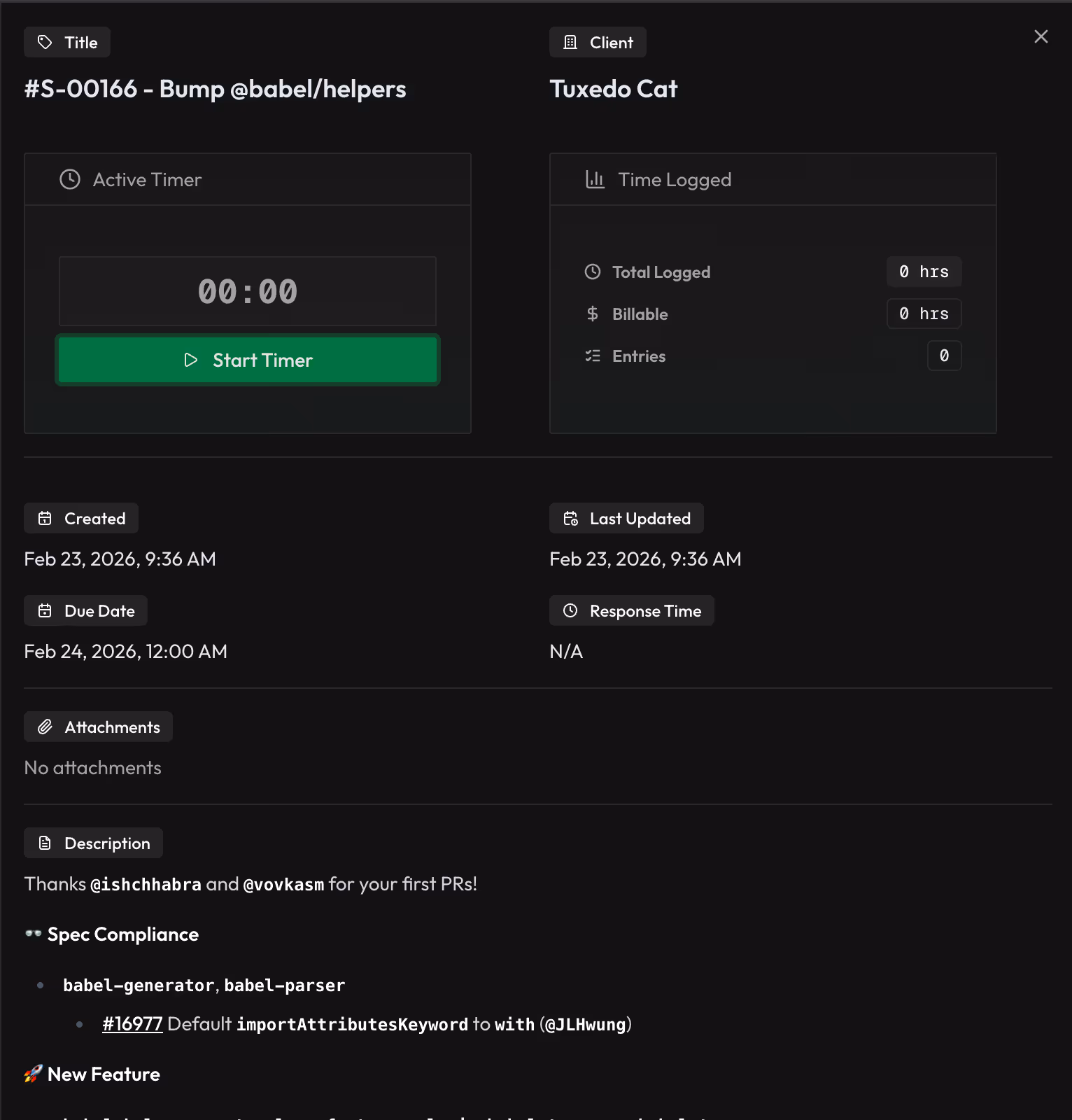 Task management interface for project S-00166 with active timer option, time logged details, creation and due dates, and a description mentioning spec compliance and new feature.