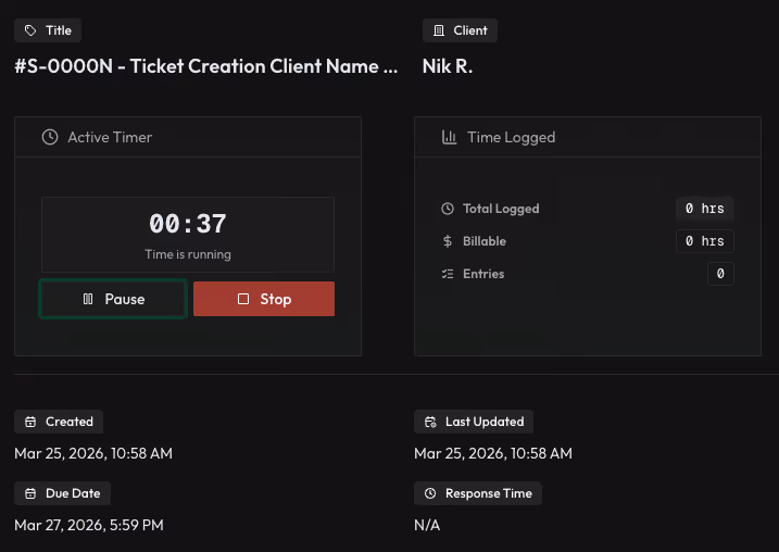 Sagely User interface screenshot showing a task timer running for 37 seconds with pause and stop buttons, client name Nik R., total logged and billable time as zero hours, and task creation and update timestamps.