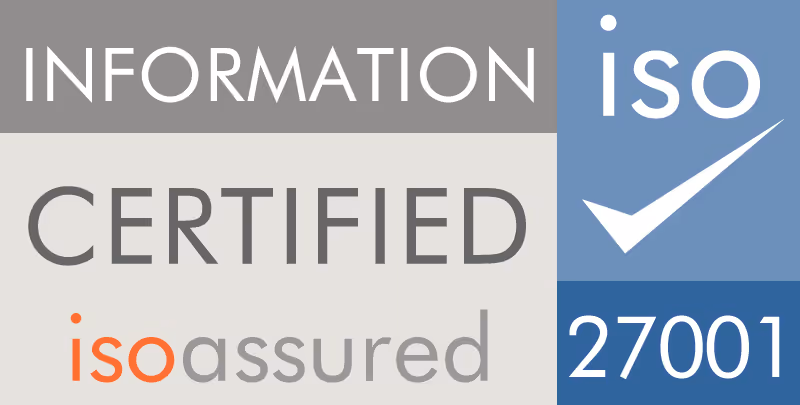 ISO Information Certified 27001 in blue and gray.