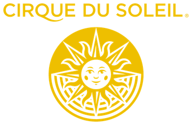 Logo de Cirque du Soleil avec texte stylisé jaune et un soleil souriant au centre.