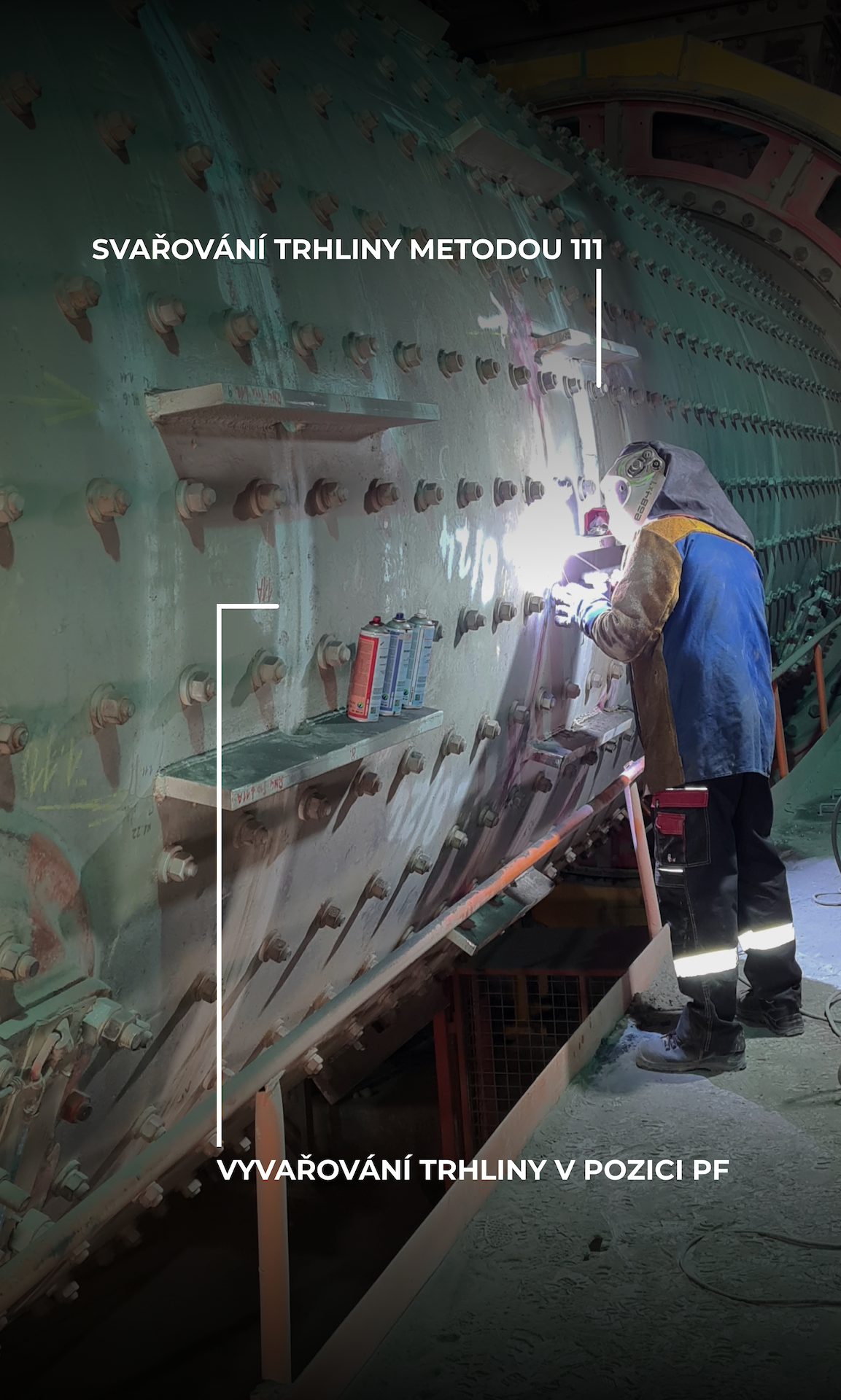 Ultrazvuková diagnostika trhlin mlýnice cementu