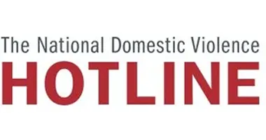 Text reading 'The National Domestic Violence HOTLINE' with 'HOTLINE' in bold red letters.