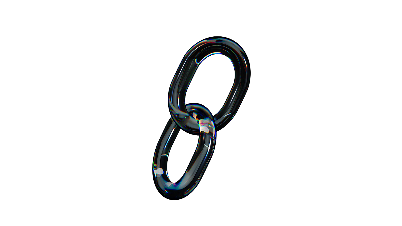 Two interlinked transparent glass chain links on a white background.