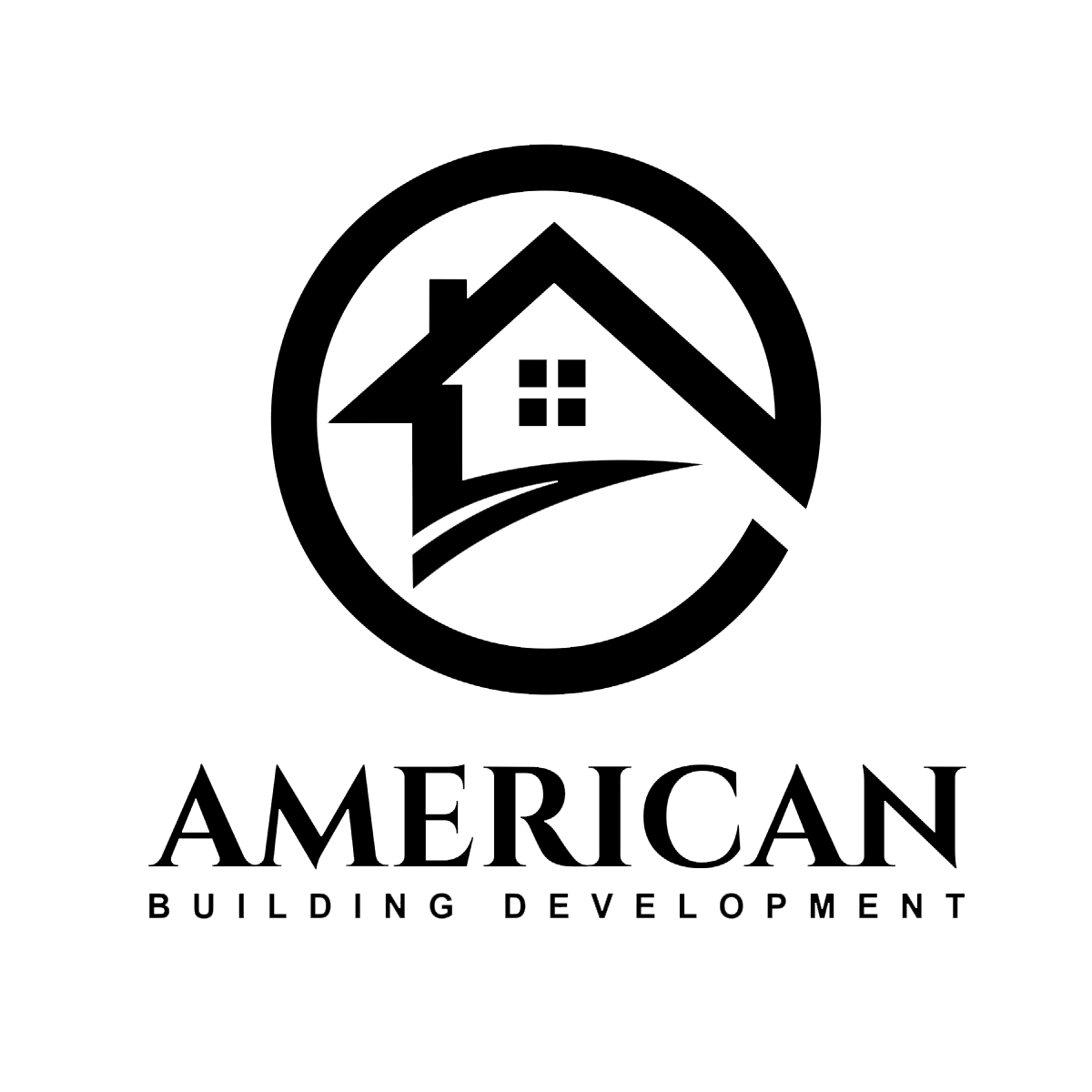 Black and white logo of a house with a circular roof outline and the text American Building Development below.