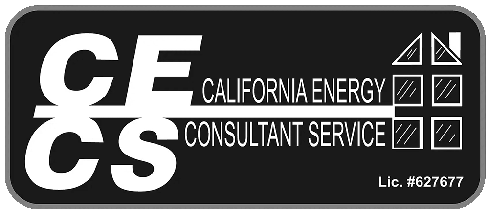Logo for California Energy Consultant Service with large CECS initials, windows graphic, and license number 627677.