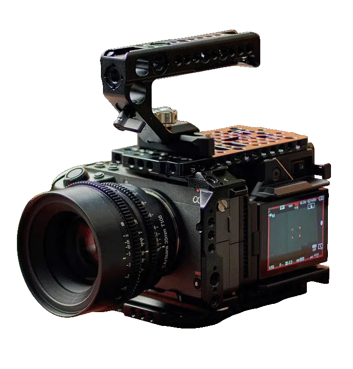 Professional cinema camera with a large lens and a top handle mount.
