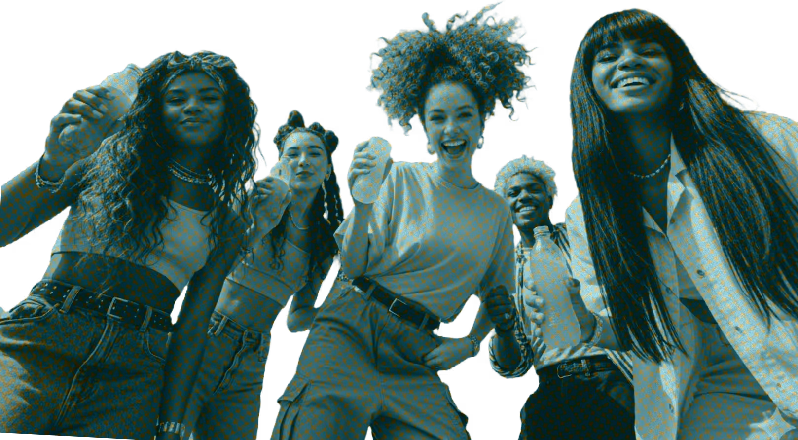 Group of five diverse young people smiling and holding bottled drinks together.