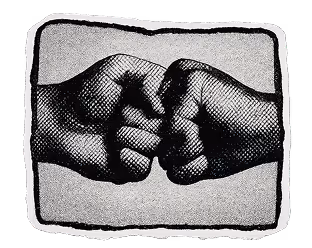 Black and white image of two fists bumping each other inside a square frame.