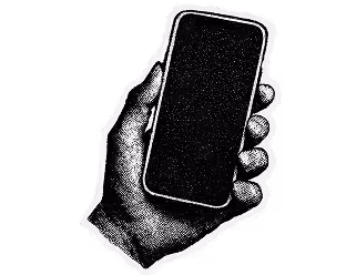 Hand holding a smartphone with a blank screen on a transparent background.