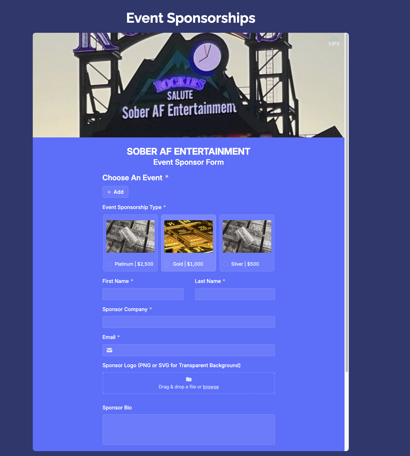 Event sponsorship form for Sober AF Entertainment showing sponsorship levels and fields for sponsor details.
