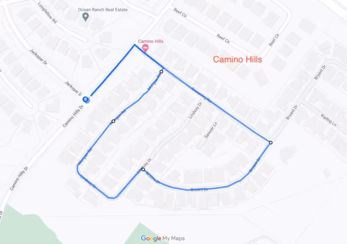 Map of Camino Hills neighborhood with a marked walking route along Camino Hills Dr, Lindsay Dr, Sawyer Ln, and Bryant Dr.