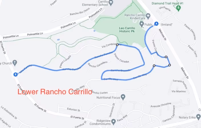 Map showing a blue walking route through Lower Rancho Carrillo including streets like Melrose Dr, Paseo Conquista, and Rancho Ganadero next to Leo Carrillo Historic Park.