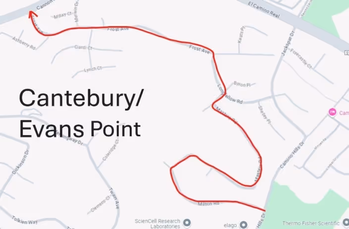 Map highlighting a winding route through Canterbury and Evans Point neighborhoods with street names and landmarks visible.
