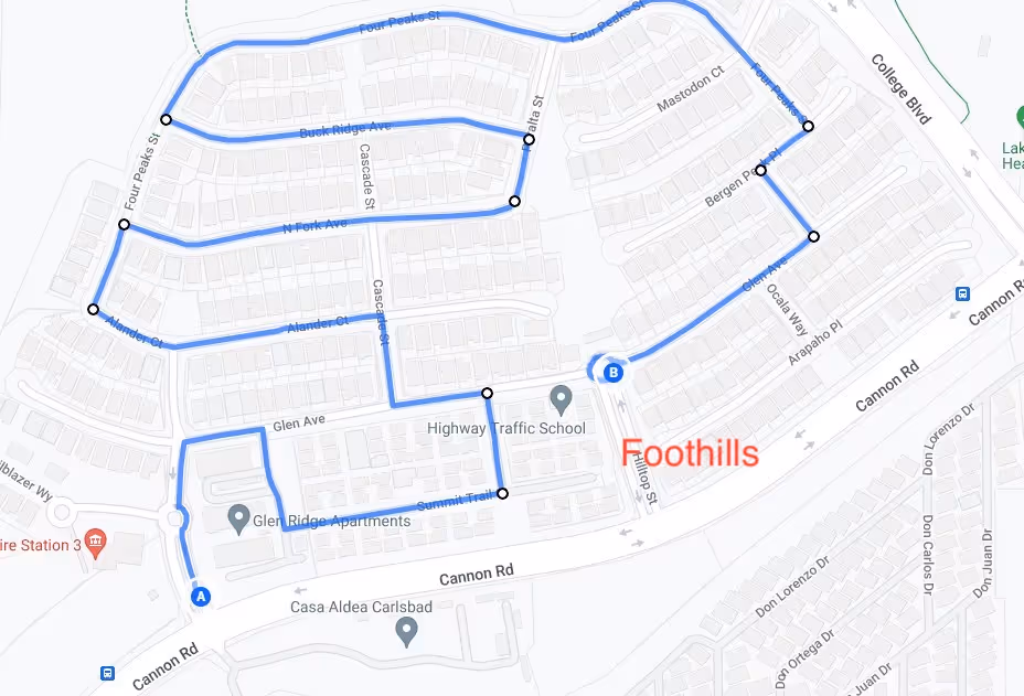 Map showing a blue route path through residential streets near Foothills, from point A on Cannon Rd past Glen Ridge Apartments to point B near Foothills along Ocala Way.