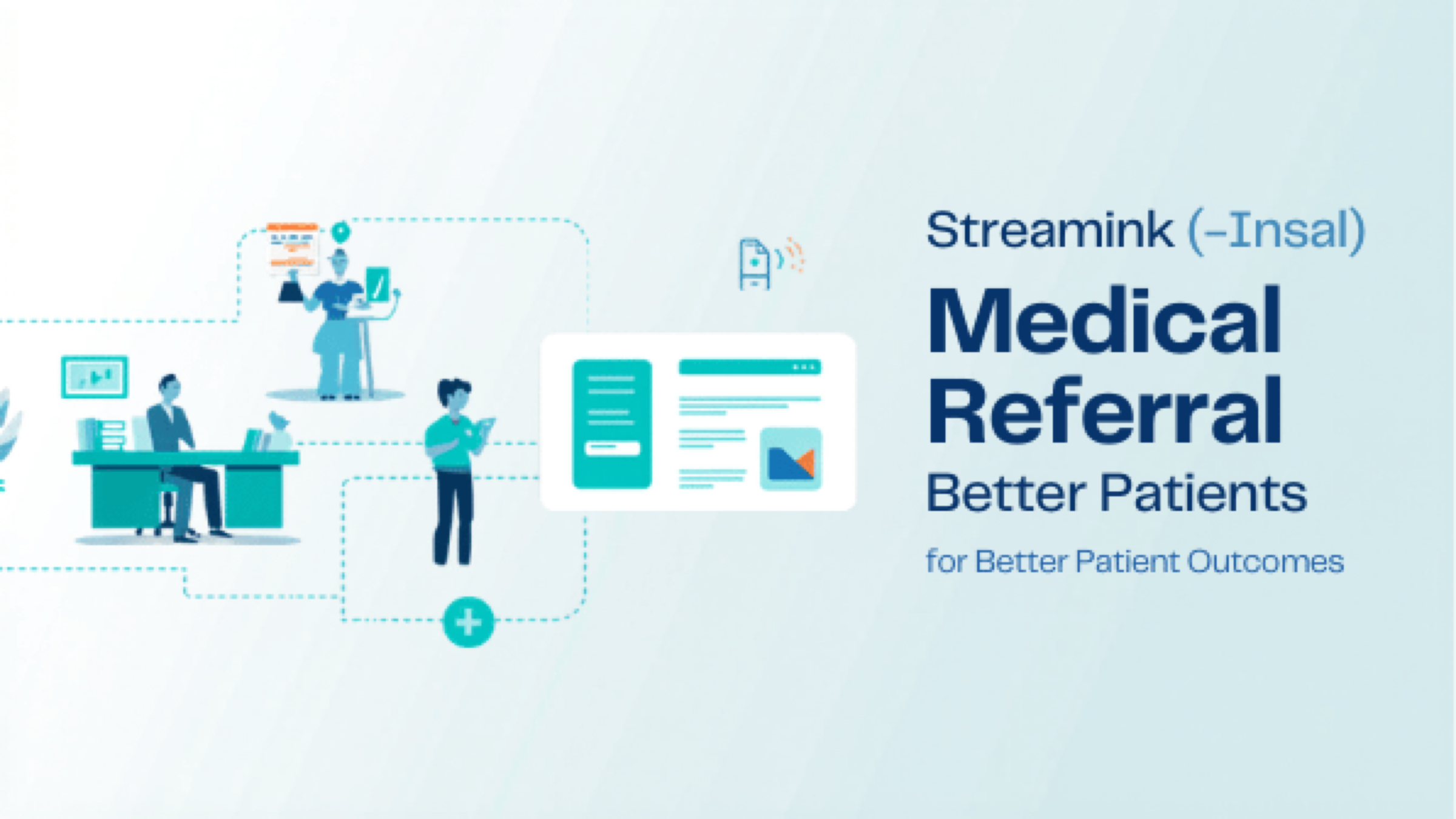 Editorial illustration of a secure legal-medical referral platform coordinating an attorney, a medical clinic, and an injured patient through scheduling, records exchange, and real-time case updates.