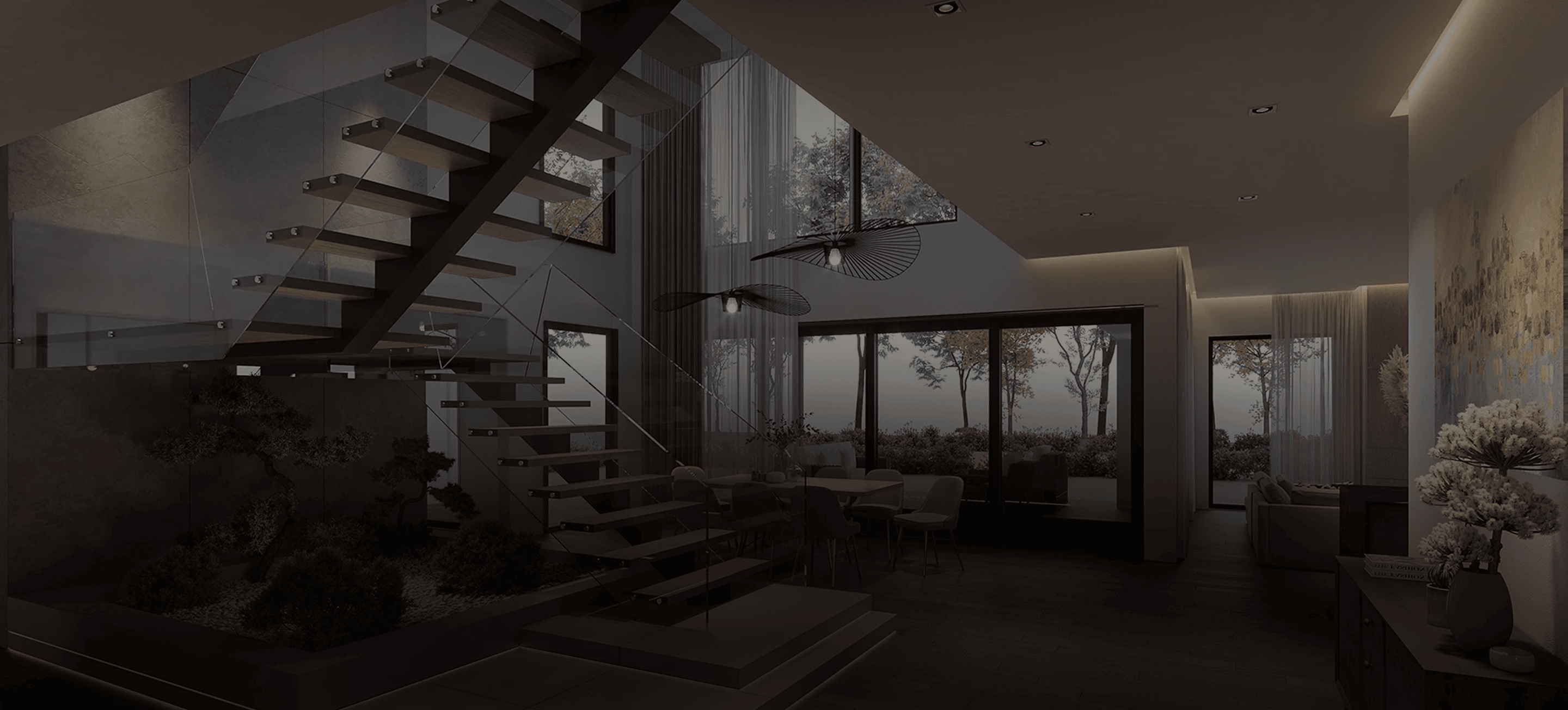 Modern interior with floating staircase, large windows showing trees outside, and minimalist living and dining area.