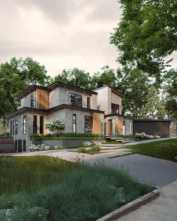 Modern two-story house with large windows, wood accents, and surrounding greenery under a cloudy sky.