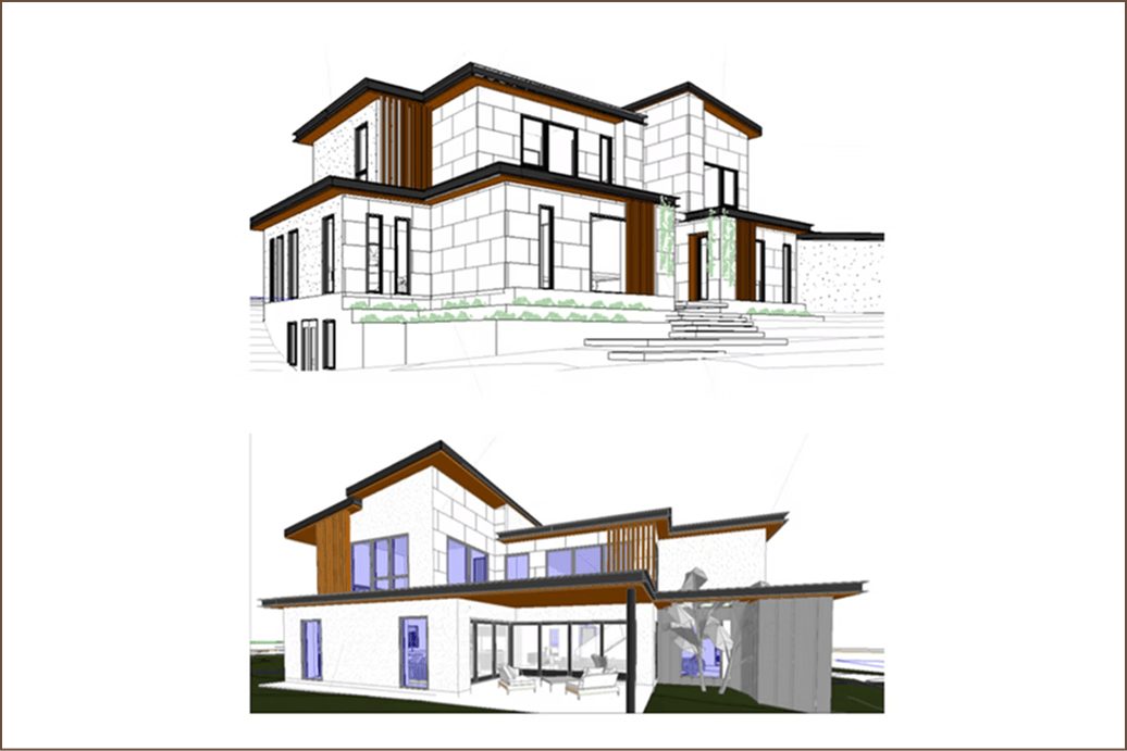 Architectural rendering showing two perspectives of a modern two-story house with white stone walls and wooden accents.