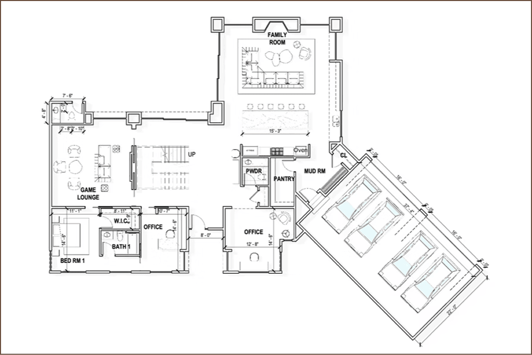 Architectural floor plan showing a family room, game lounge, two offices, bedroom with bathroom and walk-in closet, mud room, pantry, powder room, and a three-car garage.