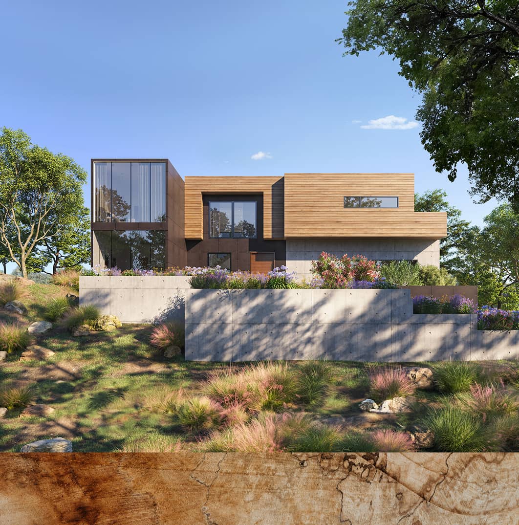 Modern two-story house with wood and concrete exterior, large windows, and landscaped garden.